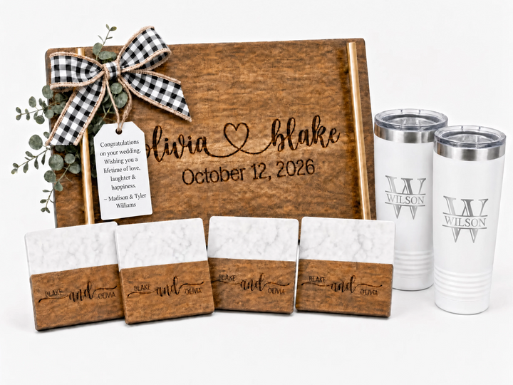 Personalized Wedding Gift Set | Engraved Serving Board, Coasters & Tumblers