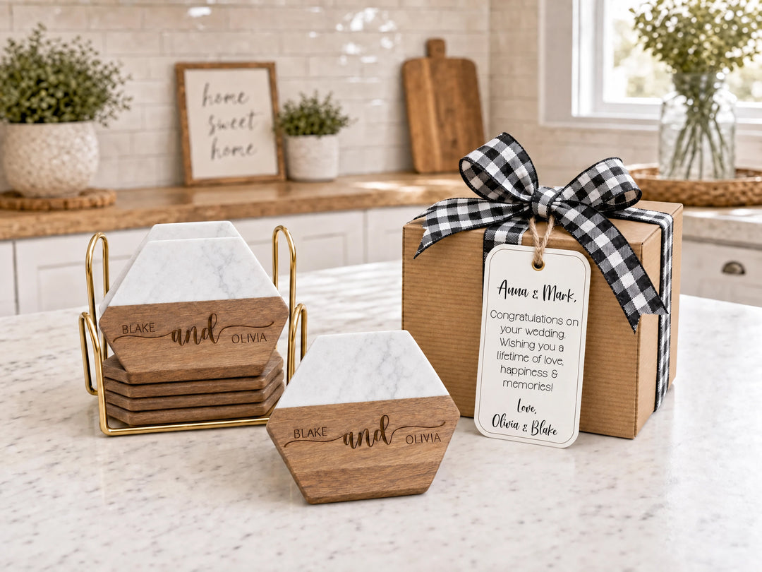 Personalized Wedding & Housewarming Gift | Hexagon Wood & Marble Coaster Set