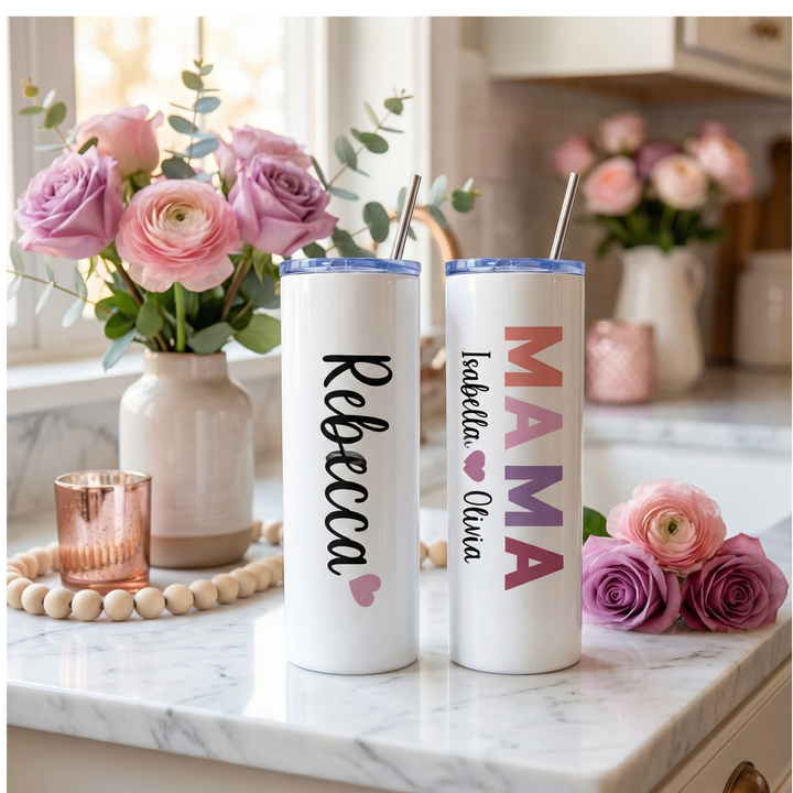 Personalized MAMA Tumbler – 20 oz Custom Stainless Steel Skinny Cup with Kids’ Names