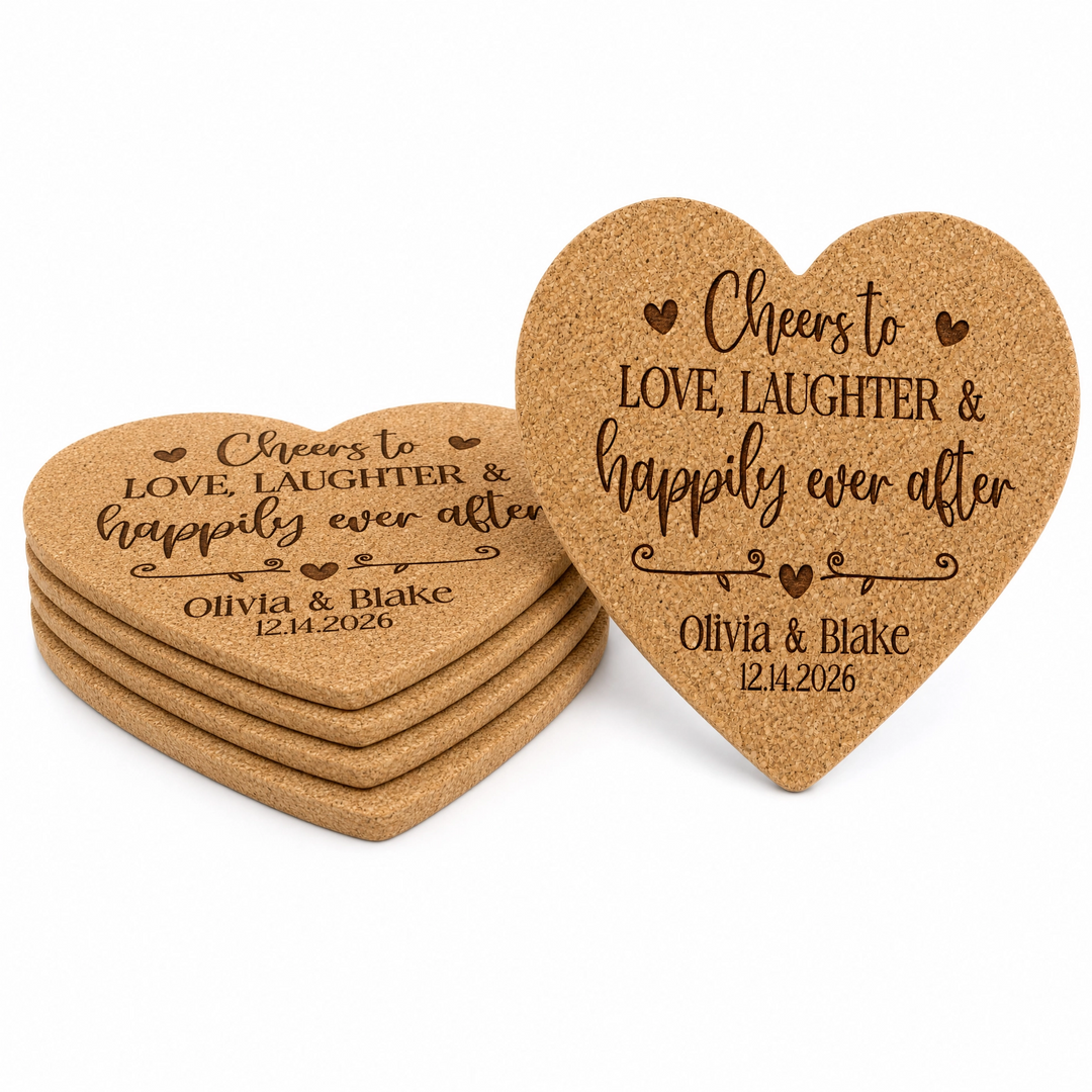 Cheers to Love & Laughter Heart Cork Wedding Coasters | Personalized Wedding Favors