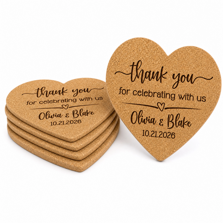Thank you for Celebrating With Us Heart Cork Wedding Coasters | Personalized Wedding Favors