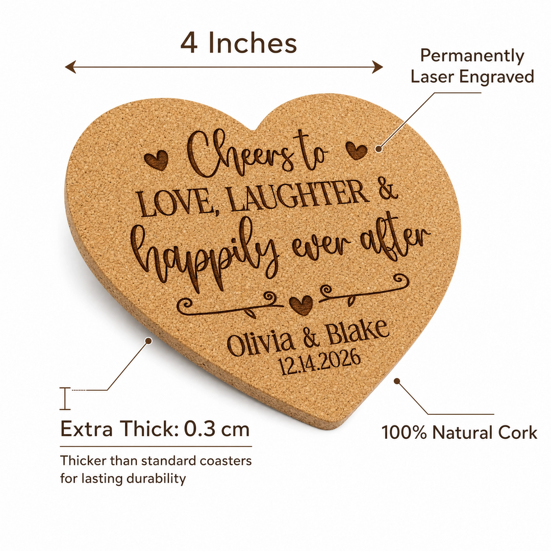 Cheers to Love & Laughter Heart Cork Wedding Coasters | Personalized Wedding Favors