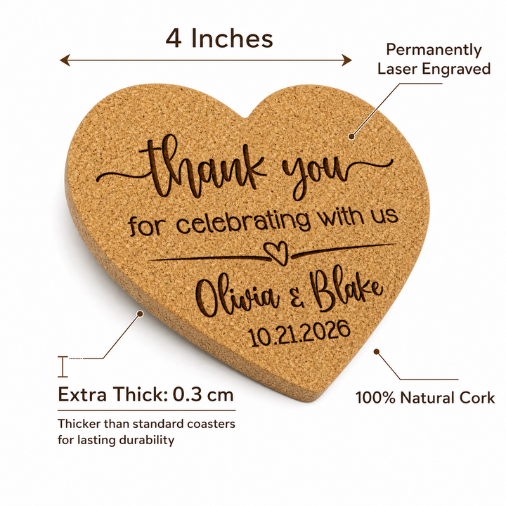 Thank you for Celebrating With Us Heart Cork Wedding Coasters | Personalized Wedding Favors