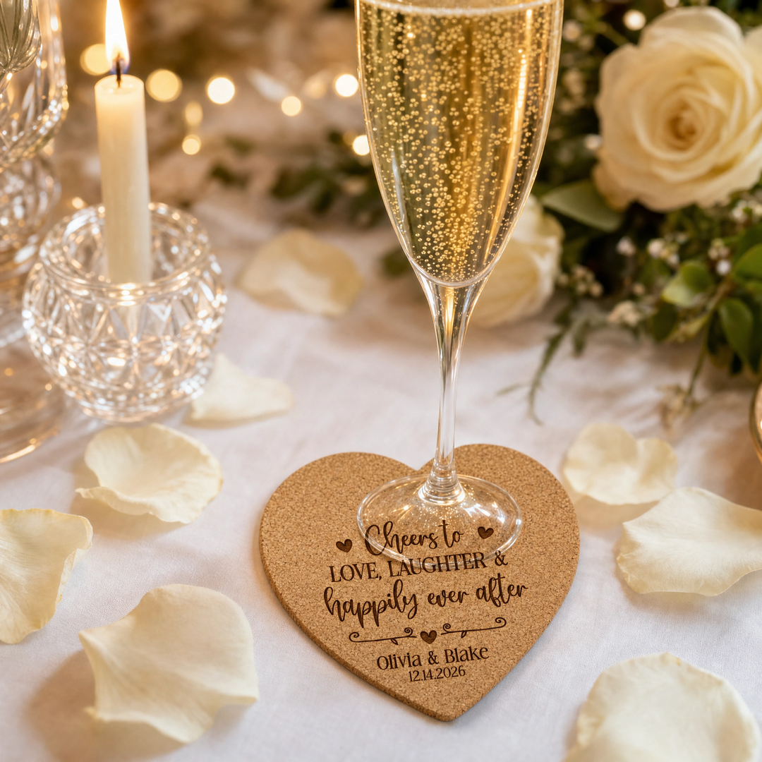Cheers to Love & Laughter Heart Cork Wedding Coasters | Personalized Wedding Favors