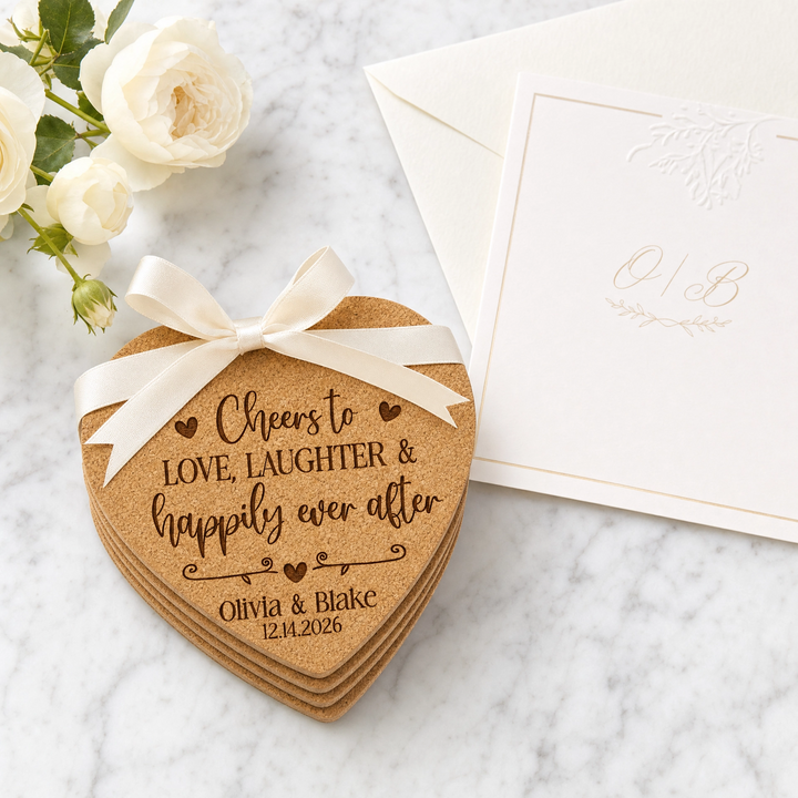 Cheers to Love & Laughter Heart Cork Wedding Coasters | Personalized Wedding Favors