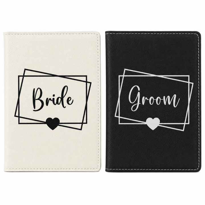 Bride & Groom Heart Passport Holder Set | Vegan Leather Honeymoon Travel Gift with Luggage Tags & Gift Box