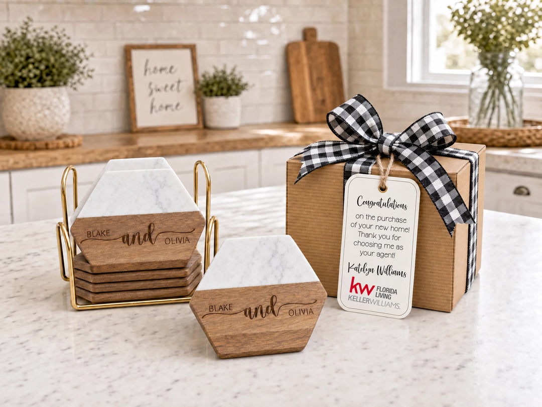 Personalized Realtor Closing Gift | Hexagon Wood & Marble Coaster Set