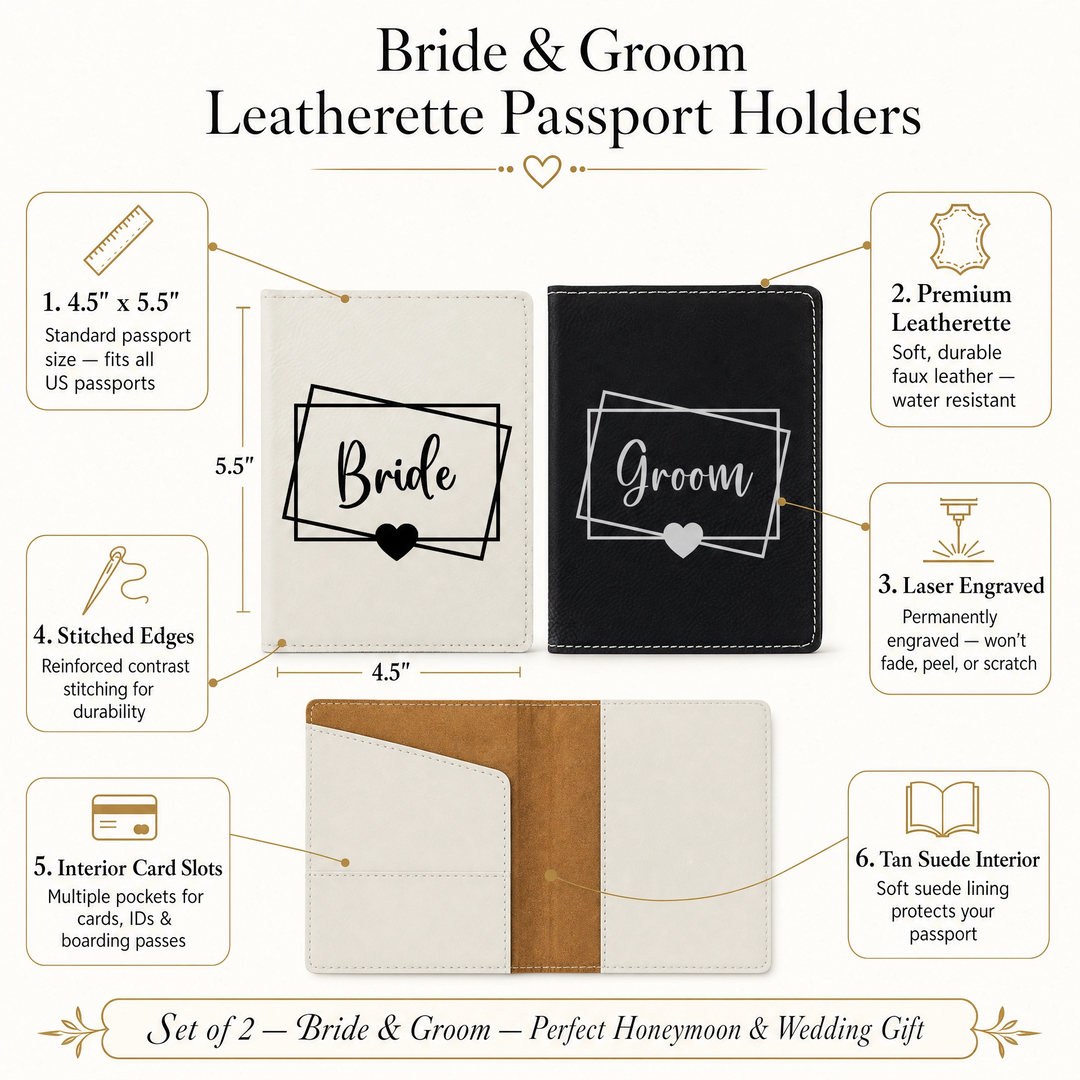 Bride & Groom Heart Passport Holder Set | Vegan Leather Honeymoon Travel Gift with Luggage Tags & Gift Box