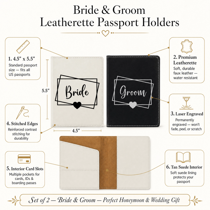 Bride & Groom Heart Passport Holder Set | Vegan Leather Honeymoon Travel Gift with Luggage Tags & Gift Box