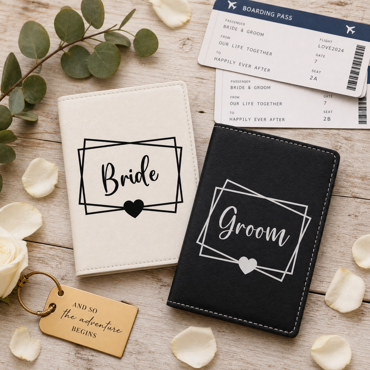 Bride & Groom Heart Passport Holder Set | Vegan Leather Honeymoon Travel Gift with Luggage Tags & Gift Box