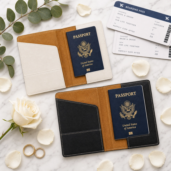 Bride & Groom Heart Passport Holder Set | Vegan Leather Honeymoon Travel Gift with Luggage Tags & Gift Box