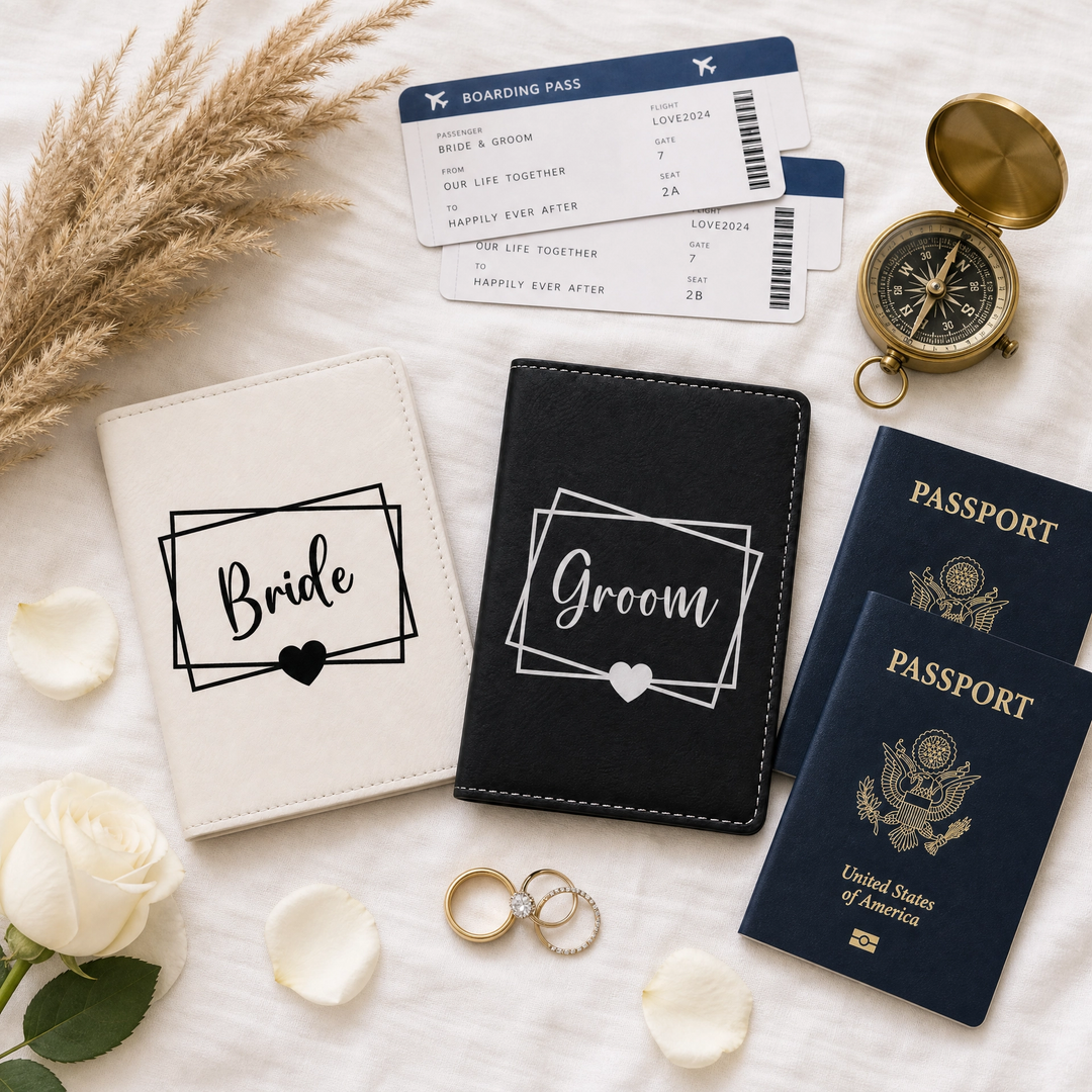 Bride & Groom Heart Passport Holder Set | Vegan Leather Honeymoon Travel Gift with Luggage Tags & Gift Box