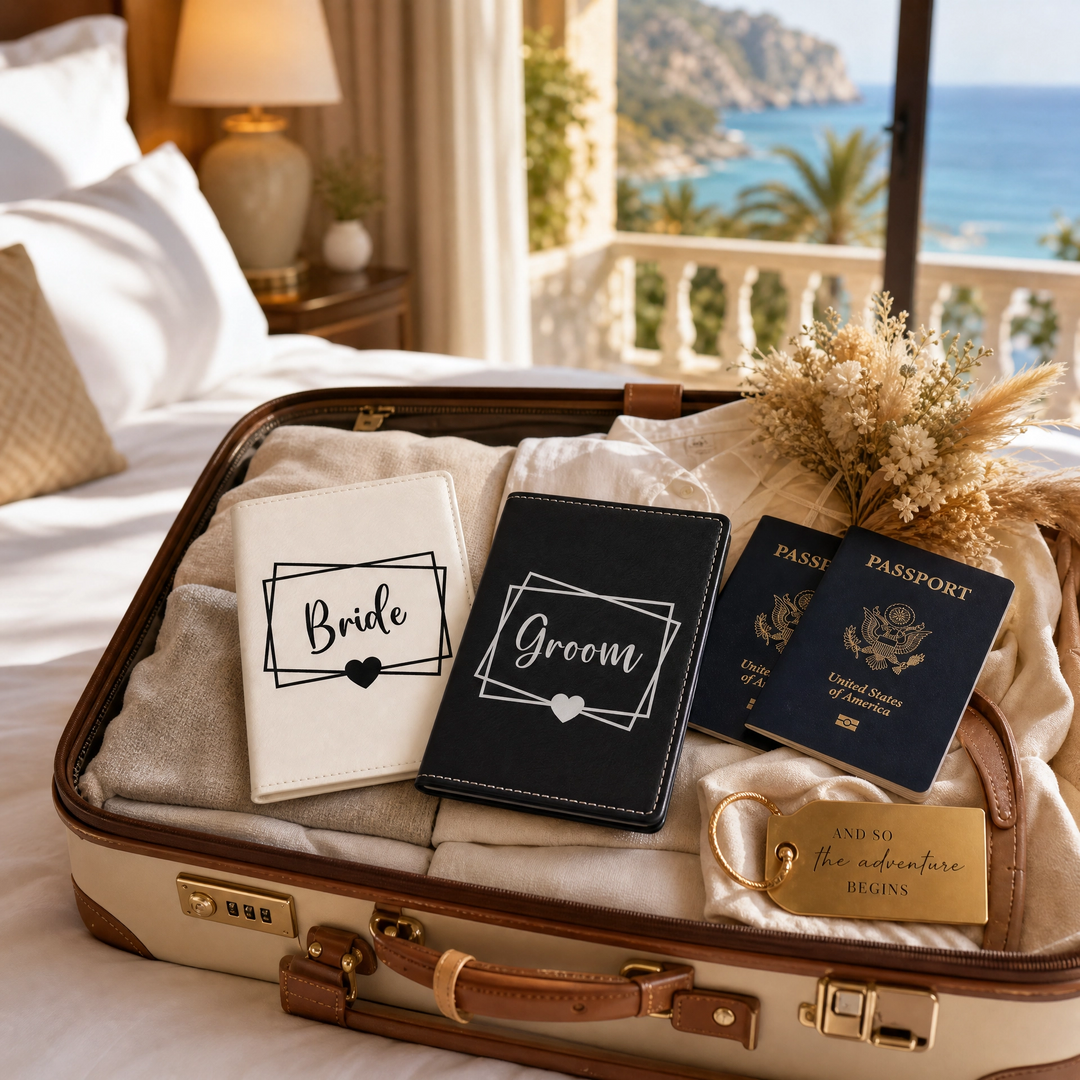 Bride & Groom Heart Passport Holder Set | Vegan Leather Honeymoon Travel Gift with Luggage Tags & Gift Box