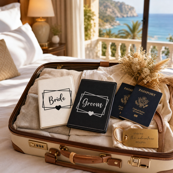 Bride & Groom Heart Passport Holder Set | Vegan Leather Honeymoon Travel Gift with Luggage Tags & Gift Box