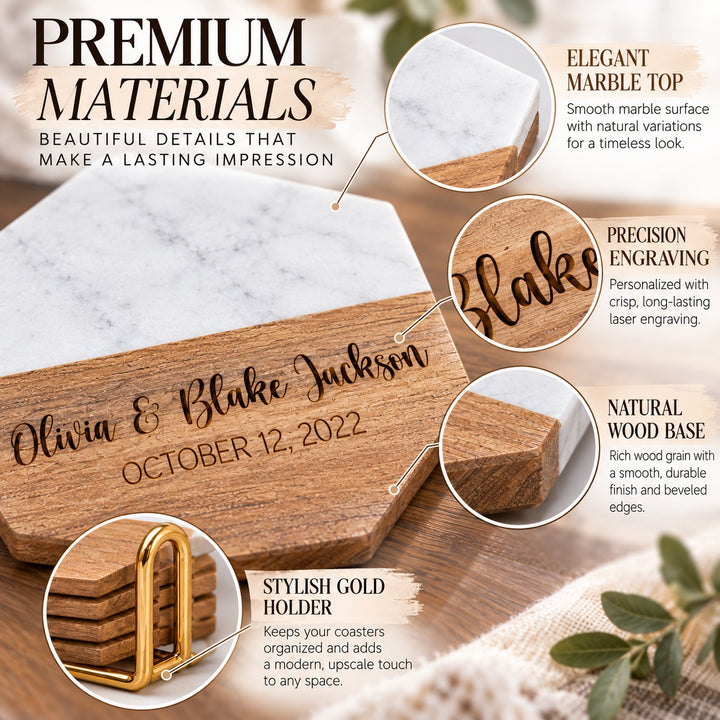 Personalized Realtor Closing Gift | Hexagon Wood & Marble Coaster Set