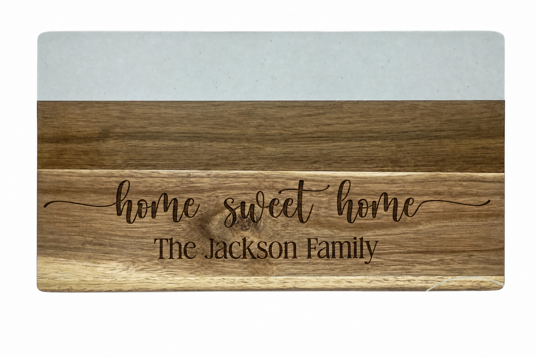 Personalized Rectangle Marble & Acacia Wood Cutting Board | Engraved Wedding & Housewarming Gift