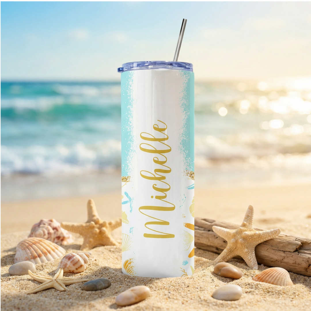 Personalized Beach Tumbler – Custom Tropical Seashell 20 oz Skinny Tumbler
