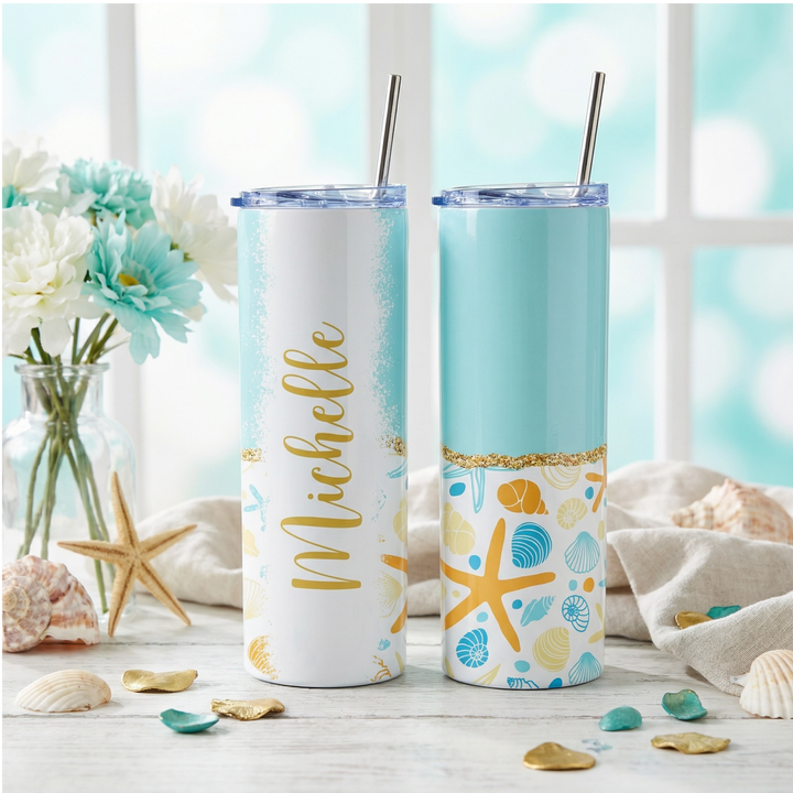 Personalized Beach Tumbler – Custom Tropical Seashell 20 oz Skinny Tumbler