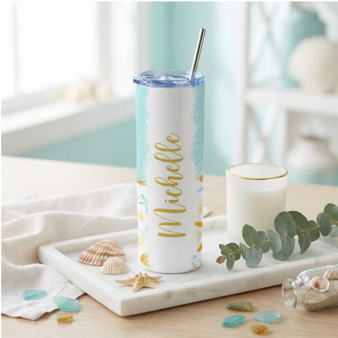 Personalized Beach Tumbler – Custom Tropical Seashell 20 oz Skinny Tumbler