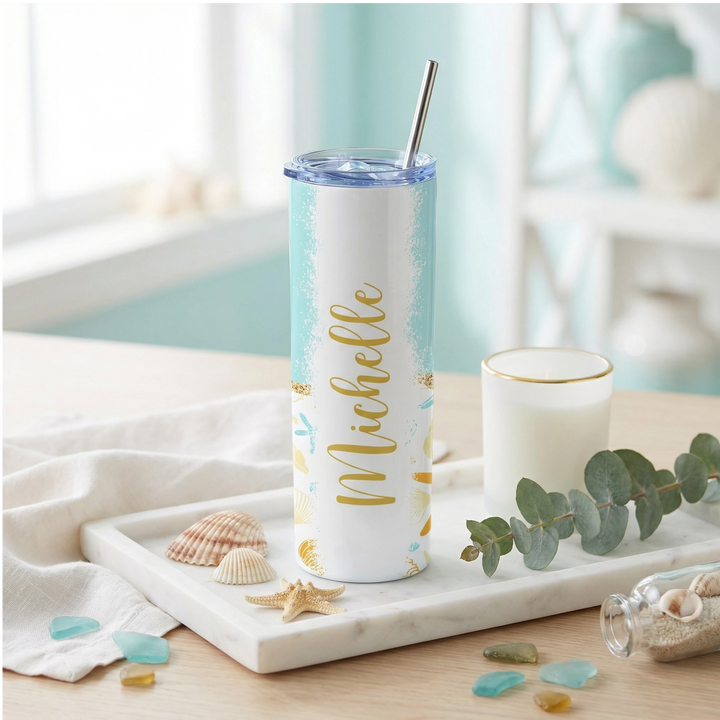 Personalized Beach Tumbler – Custom Tropical Seashell 20 oz Skinny Tumbler