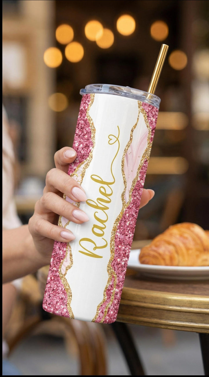 Pink Glitter Marble Personalized Name Tumbler with Gold Accents | 20oz Skinny Stainless Steel Travel Cup