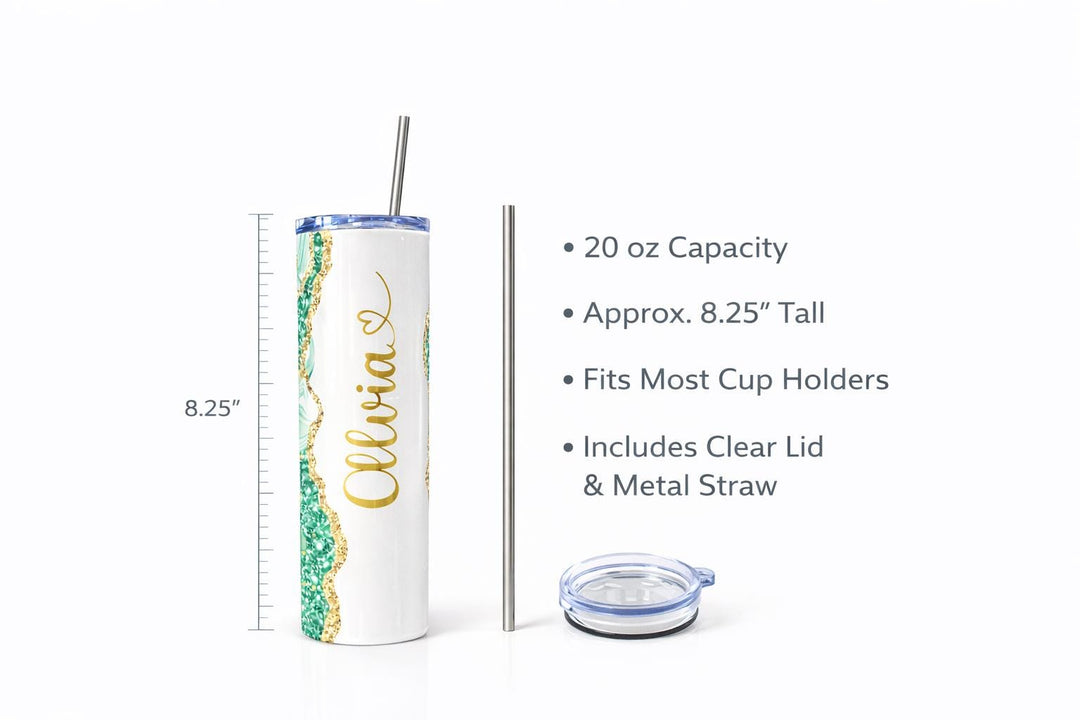 Green Glitter Marble Personalized Name Tumbler with Gold Accents | 20oz Skinny Stainless Steel Travel Cup