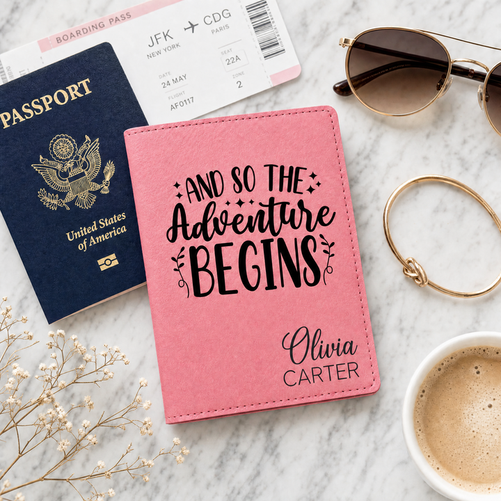 Personalized "And So The Adventure Begins" Passport Cover & Luggage Tag Set | Custom Travel Gift