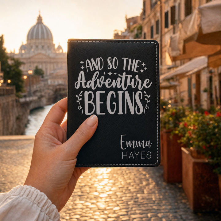 Personalized "And So The Adventure Begins" Passport Cover & Luggage Tag Set | Custom Travel Gift