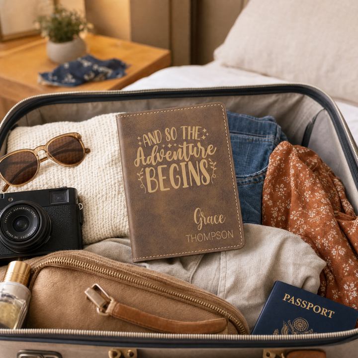 Personalized "And So The Adventure Begins" Passport Cover & Luggage Tag Set | Custom Travel Gift