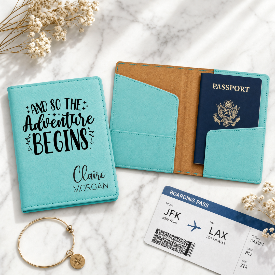 Personalized "And So The Adventure Begins" Passport Cover & Luggage Tag Set | Custom Travel Gift