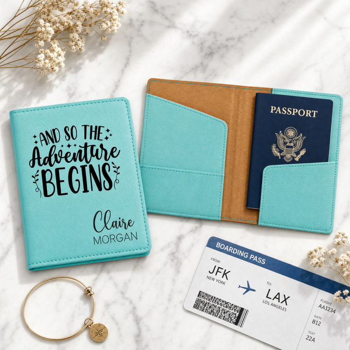 Personalized "And So The Adventure Begins" Passport Cover & Luggage Tag Set | Custom Travel Gift