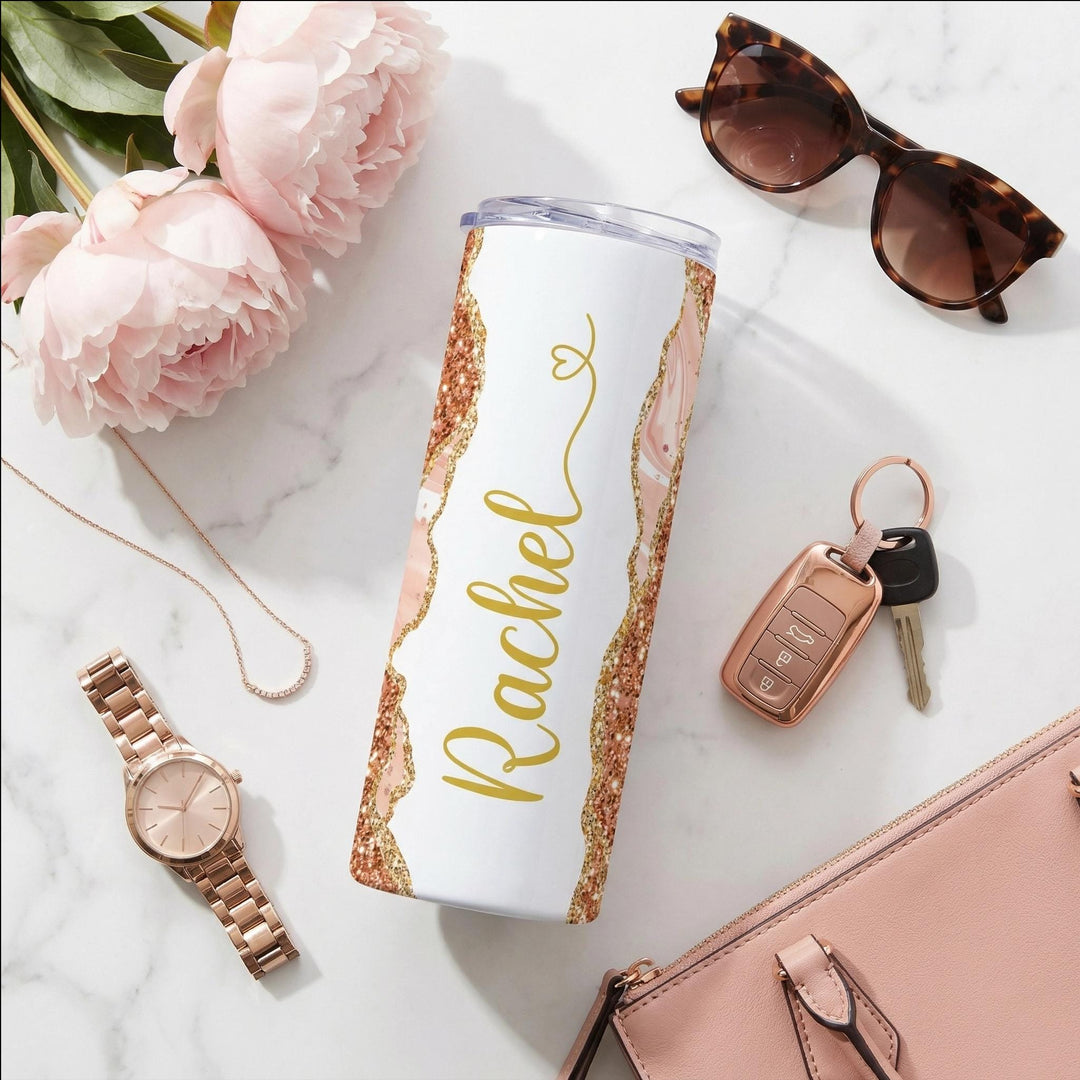 Peach Glitter Marble Personalized Name Tumbler with Gold Accents | 20oz Skinny Stainless Steel Travel Cup