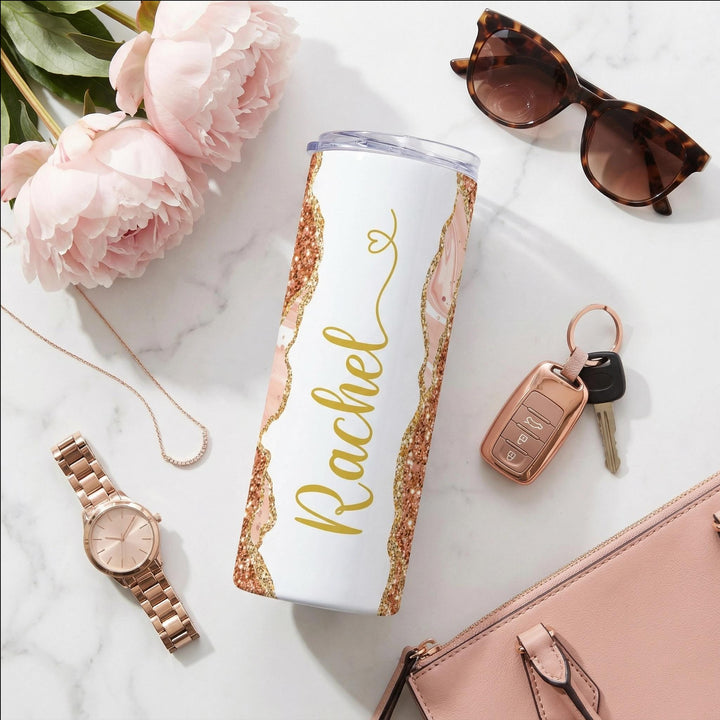 Peach Glitter Marble Personalized Name Tumbler with Gold Accents | 20oz Skinny Stainless Steel Travel Cup