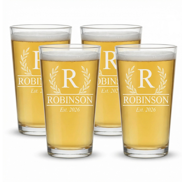 Heritage Laurel Monogram Pint Glass Set | Custom Last Name Beer Glasses