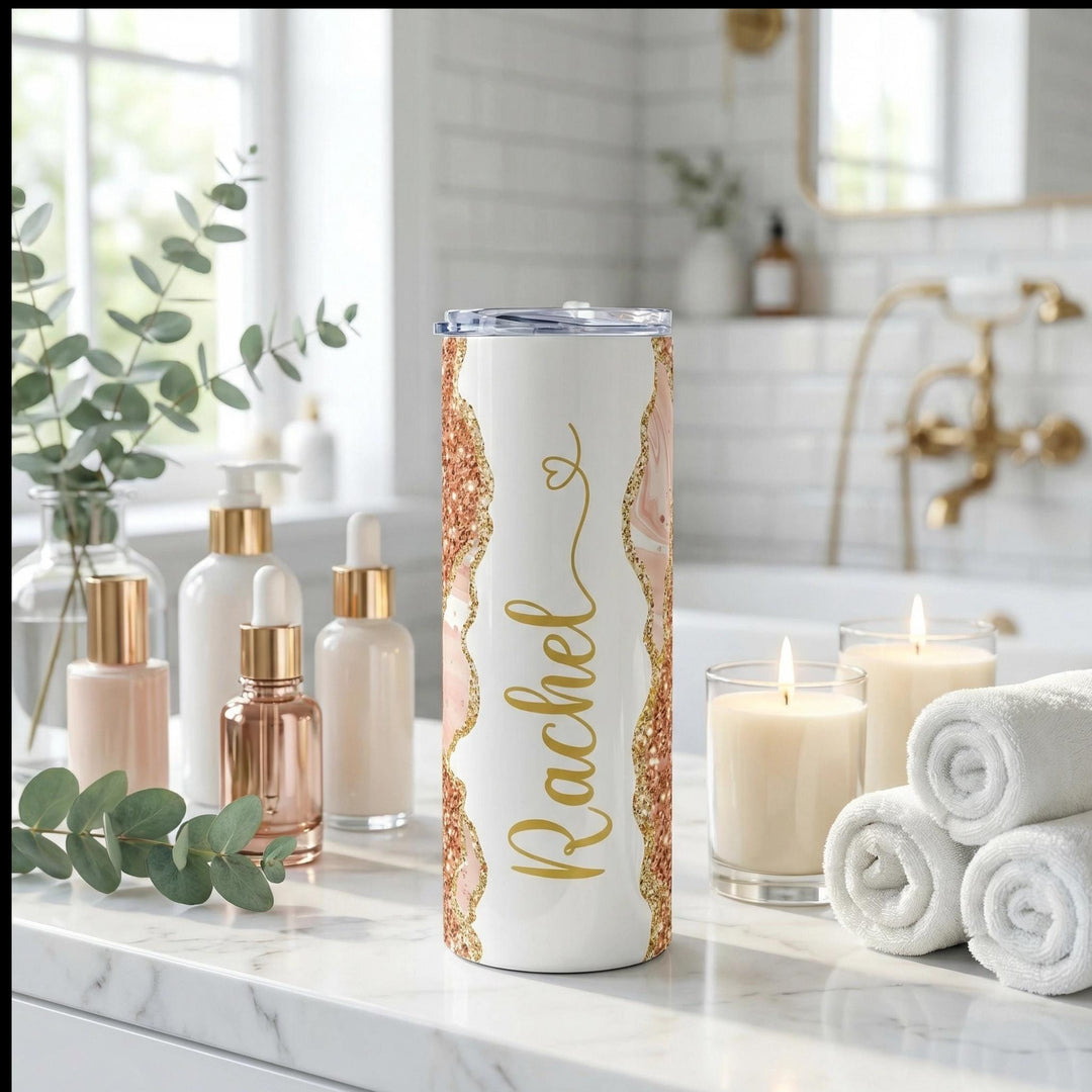 Peach Glitter Marble Personalized Name Tumbler with Gold Accents | 20oz Skinny Stainless Steel Travel Cup