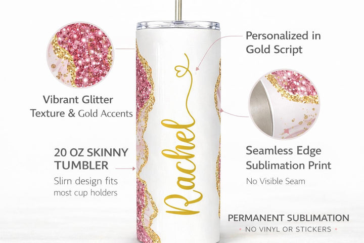 Pink Glitter Marble Personalized Name Tumbler with Gold Accents | 20oz Skinny Stainless Steel Travel Cup