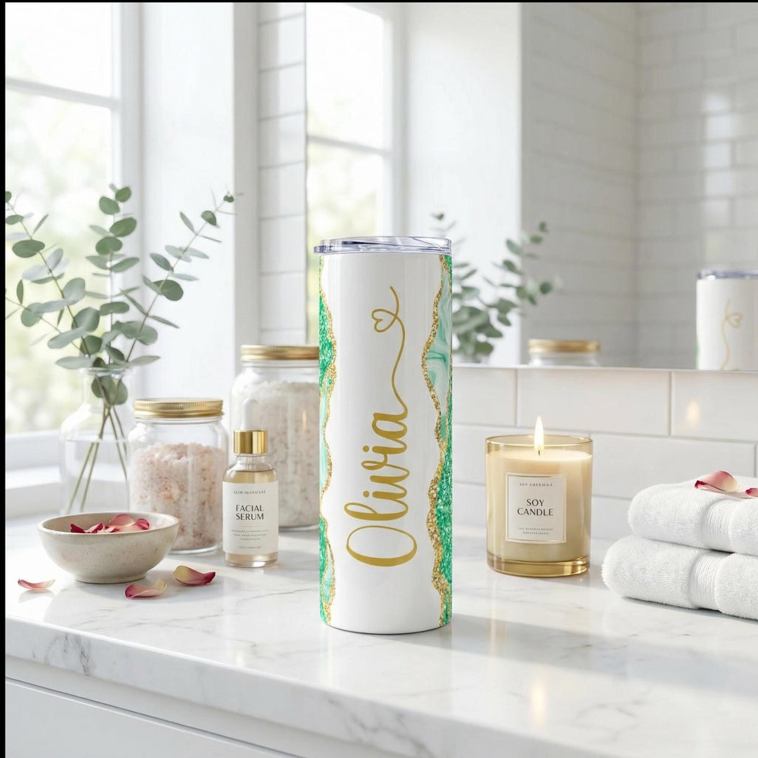 Green Glitter Marble Personalized Name Tumbler with Gold Accents | 20oz Skinny Stainless Steel Travel Cup