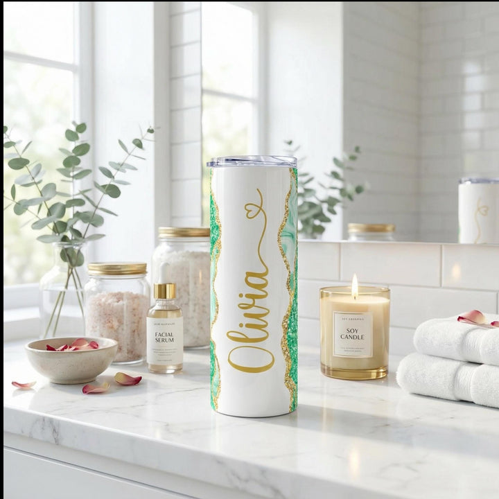 Green Glitter Marble Personalized Name Tumbler with Gold Accents | 20oz Skinny Stainless Steel Travel Cup