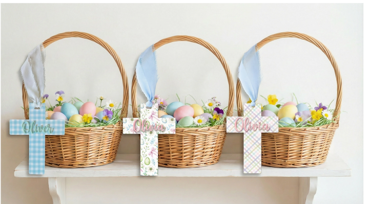 Personalized Easter Cross Basket Tag | Custom Acrylic Christian Name Tag with Chiffon Ribbon