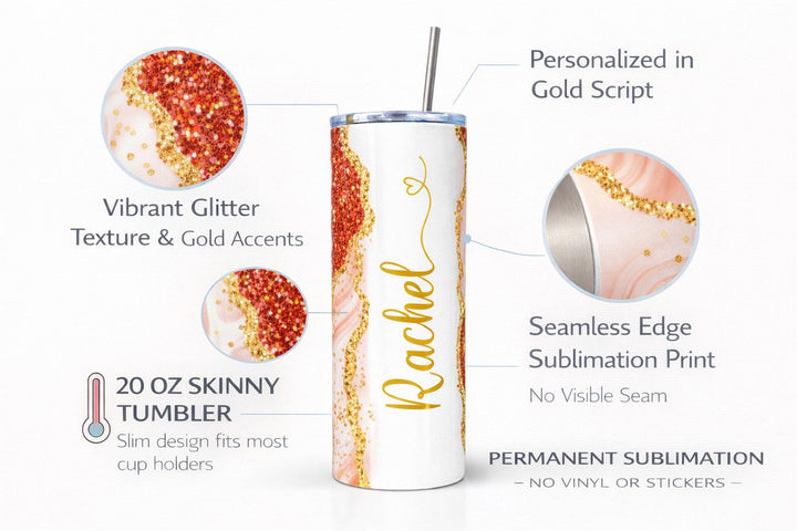 Blue Glitter Marble Personalized Name Tumbler with Gold Accents | 20oz Skinny Stainless Steel Travel Cup