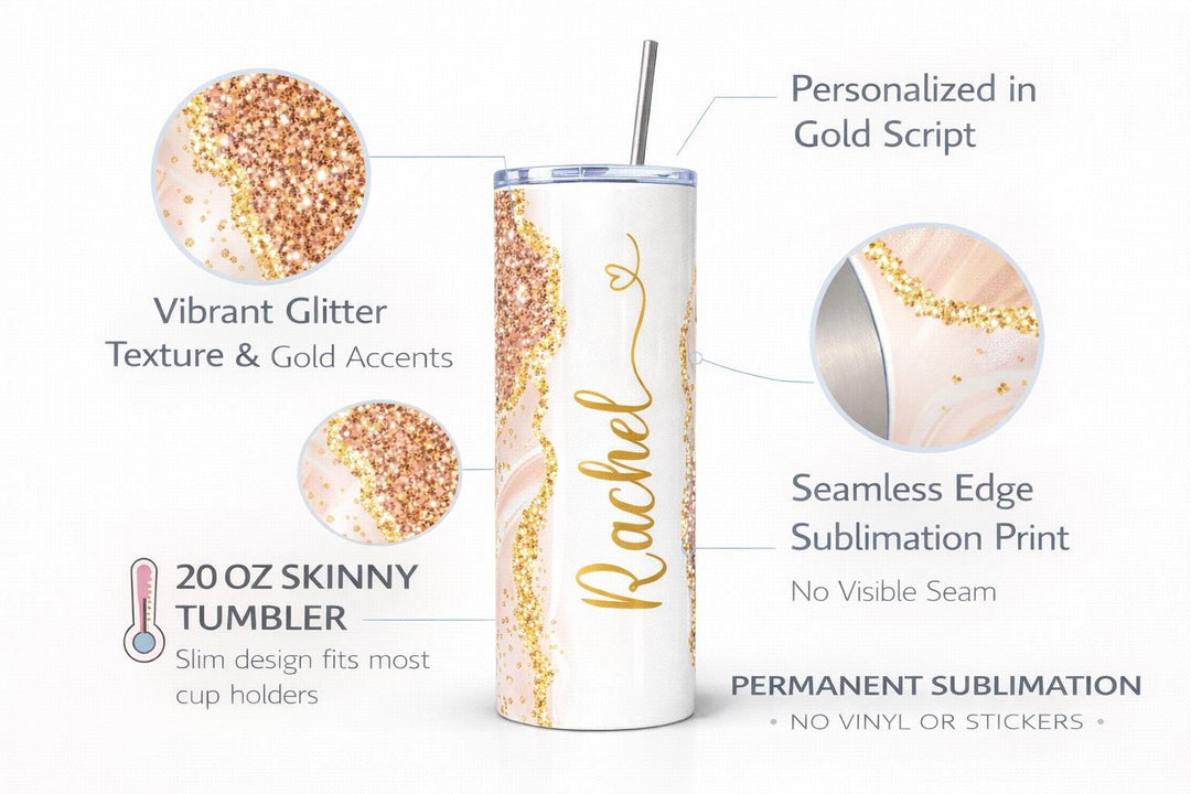 Peach Glitter Marble Personalized Name Tumbler with Gold Accents | 20oz Skinny Stainless Steel Travel Cup
