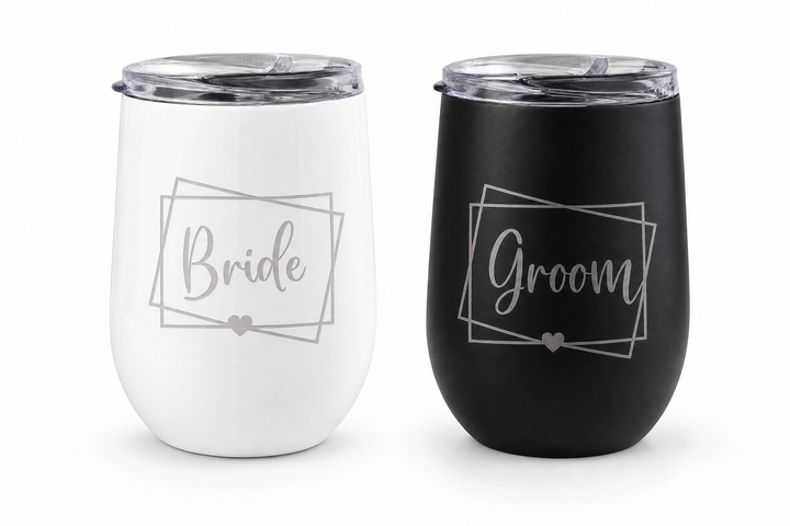 Personalized Bride & Groom Engraved Stemless Wine Tumbler Set | Custom Wedding Gift for Couples