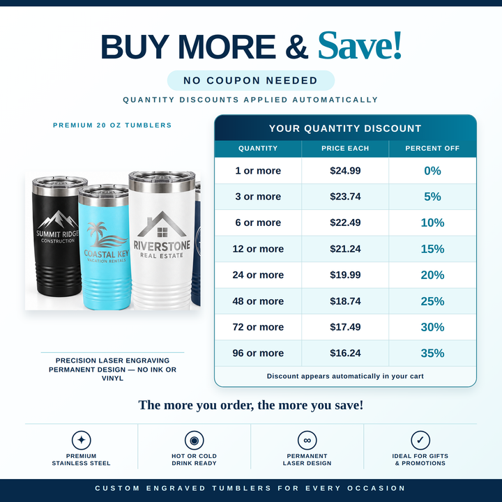 Custom Logo 20 oz Tumbler | Laser Engraved Business Tumblers
