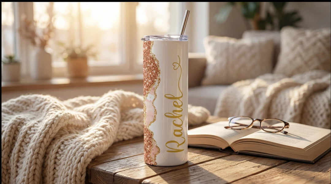 Peach Glitter Marble Personalized Name Tumbler with Gold Accents | 20oz Skinny Stainless Steel Travel Cup