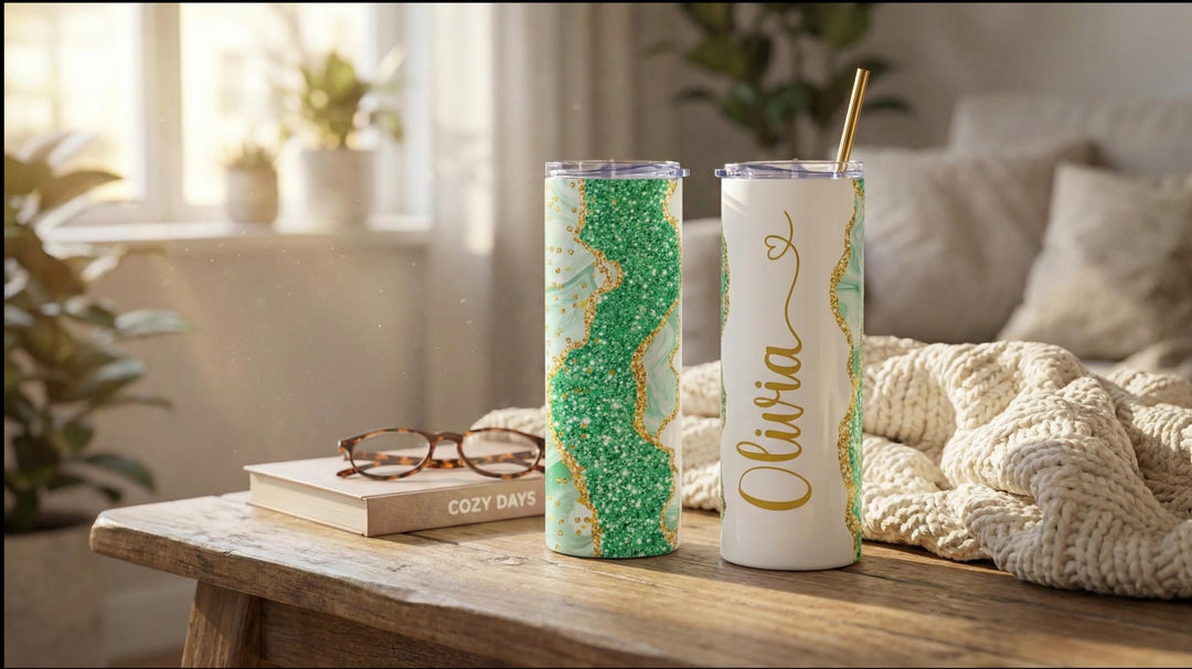 Green Glitter Marble Personalized Name Tumbler with Gold Accents | 20oz Skinny Stainless Steel Travel Cup