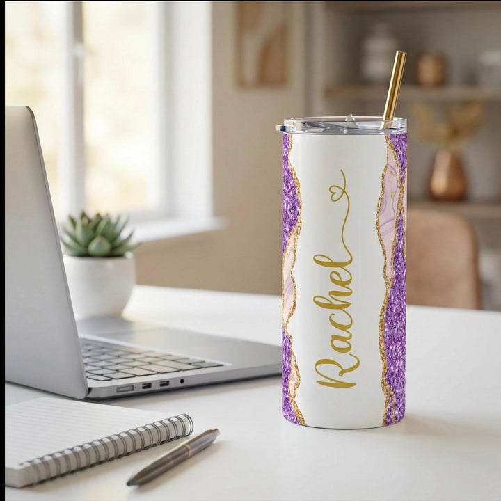 Purple Glitter Marble Personalized Name Tumbler with Gold Accents | 20oz Skinny Stainless Steel Travel Cup