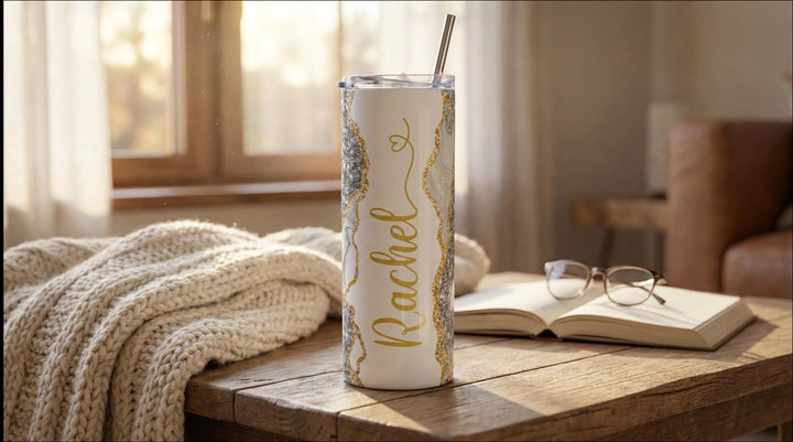 Gray Glitter Marble Personalized Name Tumbler with Gold Accents | 20oz Skinny Stainless Steel Travel Cup