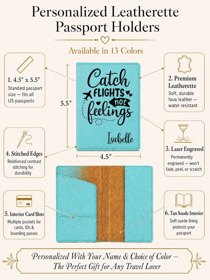 Personalized Passport Holder | "Catch Flights Not Feelings" Engraved Travel Cover