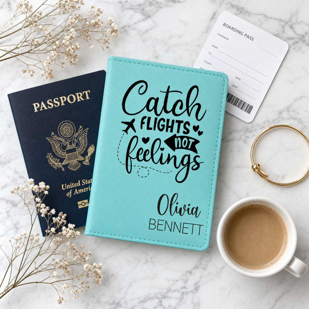 Personalized Passport Holder | "Catch Flights Not Feelings" Engraved Travel Cover