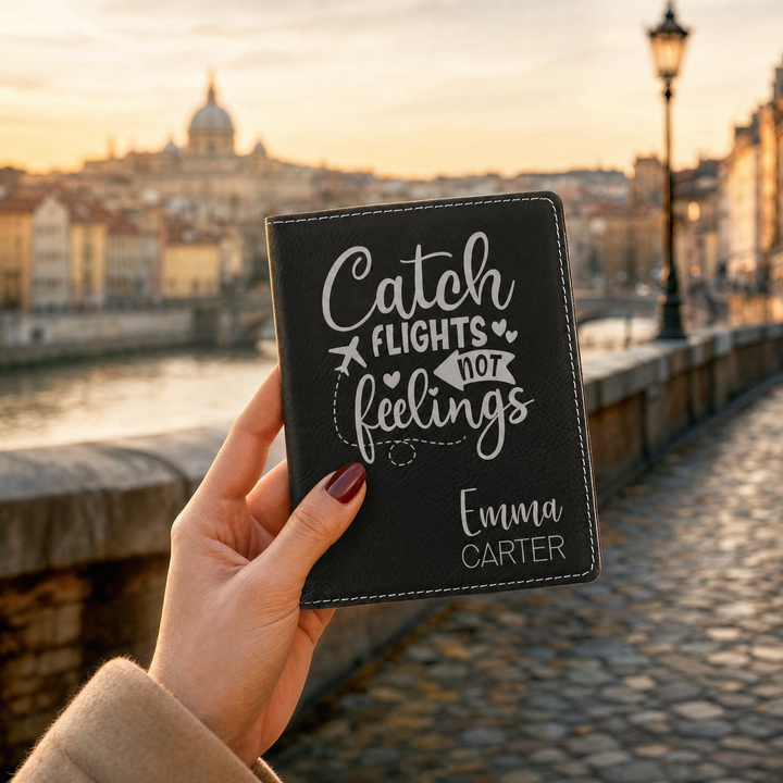 Personalized Passport Holder | "Catch Flights Not Feelings" Engraved Travel Cover